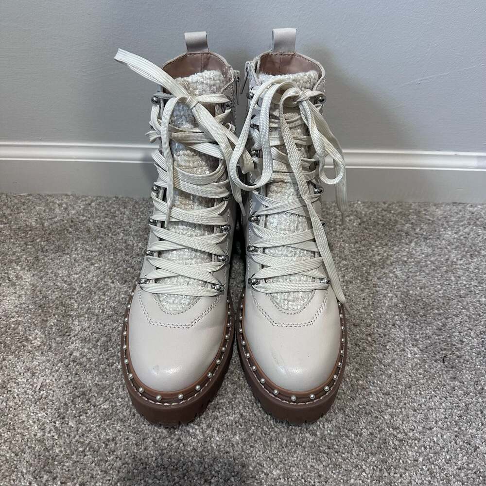 Steve Madden Rainier Leather Bone White Combat Boots with Pearl Stud Trim, Sz 8 - Picture 2 of 8